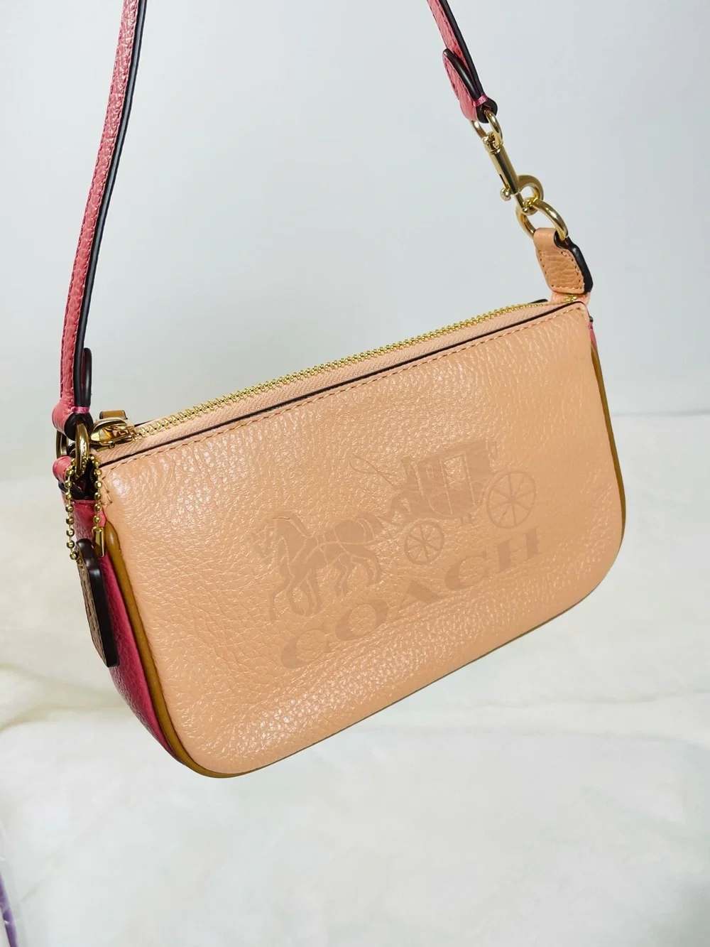 Coach Peach Pebbled Leather Shoulder Pouch with Pink Trim